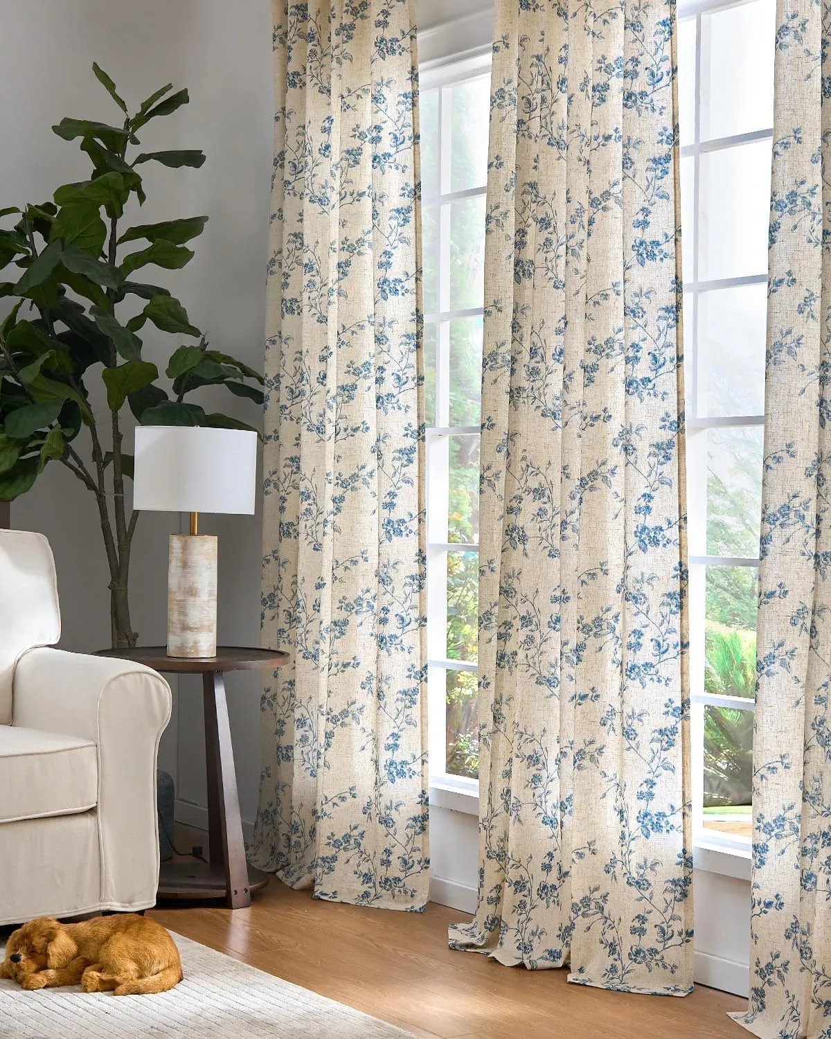 jinchan Linen Floral Curtains for Living Room 63 Inch Length Blue Printed Curtains Back Tab French Country Farmhouse Flower Patterned Drapes Bedroom Window Curtain Set 2 Panels