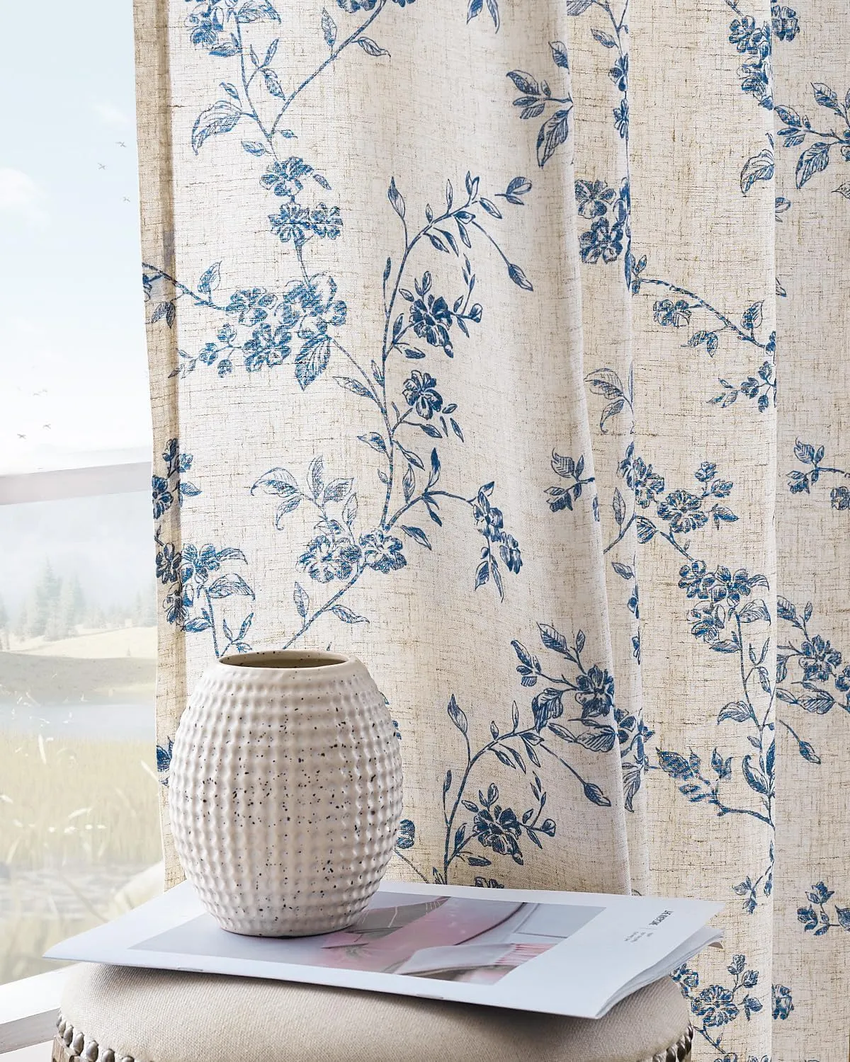 jinchan Linen Floral Curtains for Living Room 63 Inch Length Blue Printed Curtains Back Tab French Country Farmhouse Flower Patterned Drapes Bedroom Window Curtain Set 2 Panels