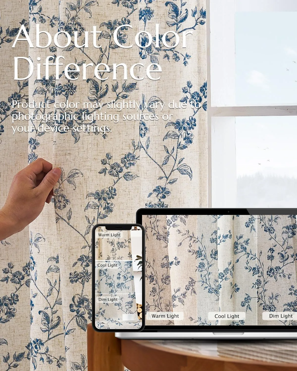 jinchan Linen Floral Curtains for Living Room 63 Inch Length Blue Printed Curtains Back Tab French Country Farmhouse Flower Patterned Drapes Bedroom Window Curtain Set 2 Panels