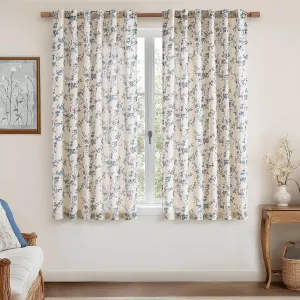 jinchan Linen Floral Curtains for Living Room 63 Inch Length Blue Printed Curtains Back Tab French Country Farmhouse Flower Patterned Drapes Bedroom Window Curtain Set 2 Panels
