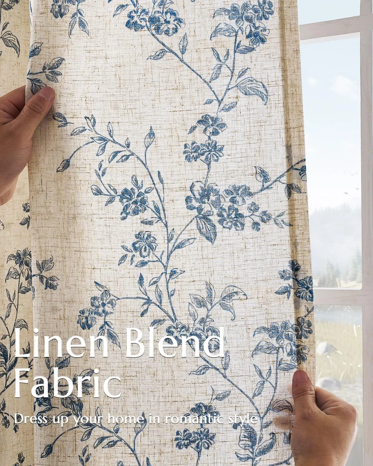 jinchan Linen Floral Curtains for Living Room 63 Inch Length Blue Printed Curtains Back Tab French Country Farmhouse Flower Patterned Drapes Bedroom Window Curtain Set 2 Panels