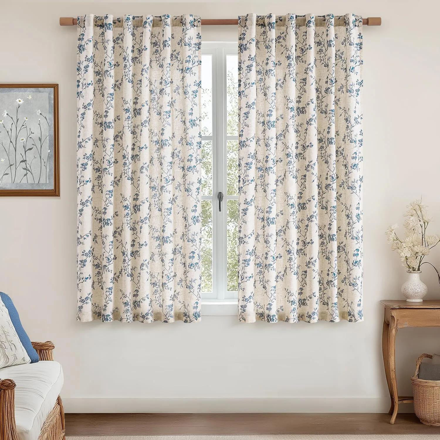 jinchan Linen Floral Curtains for Living Room 63 Inch Length Blue Printed Curtains Back Tab French Country Farmhouse Flower Patterned Drapes Bedroom Window Curtain Set 2 Panels