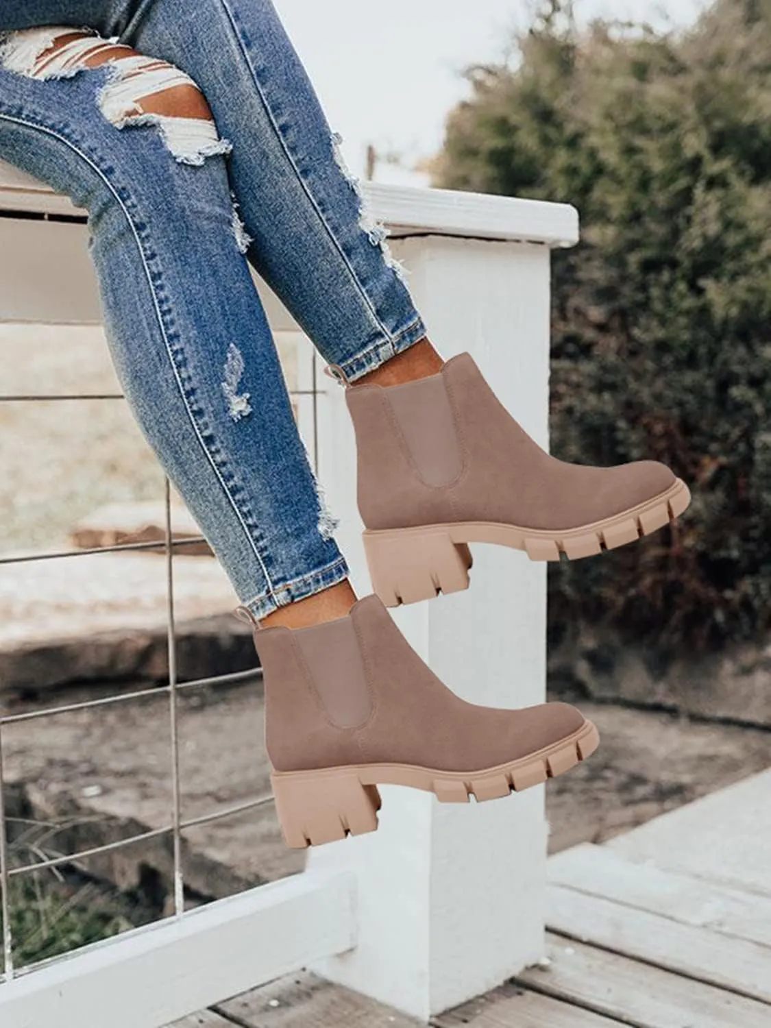 Juliet Holy Womens Lug Sole Platform Ankle Booties Chelsea Slip on Chunky Block Heel Leather Combat Boots
