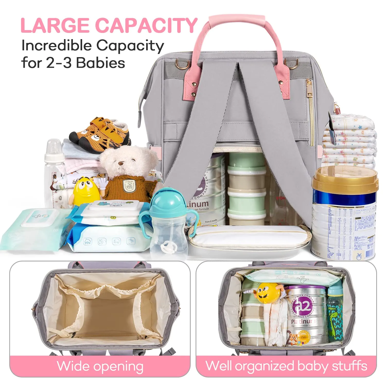 Kaome Diaper Bag Backpack, Upgraded Large Capacity Multifunction Nappy Bags, Waterproof Baby Bag Floral Insulated Sturdy Travel Maternity Back Pack for Baby Girls with Diaper Pad Bottle Bag (Grey)