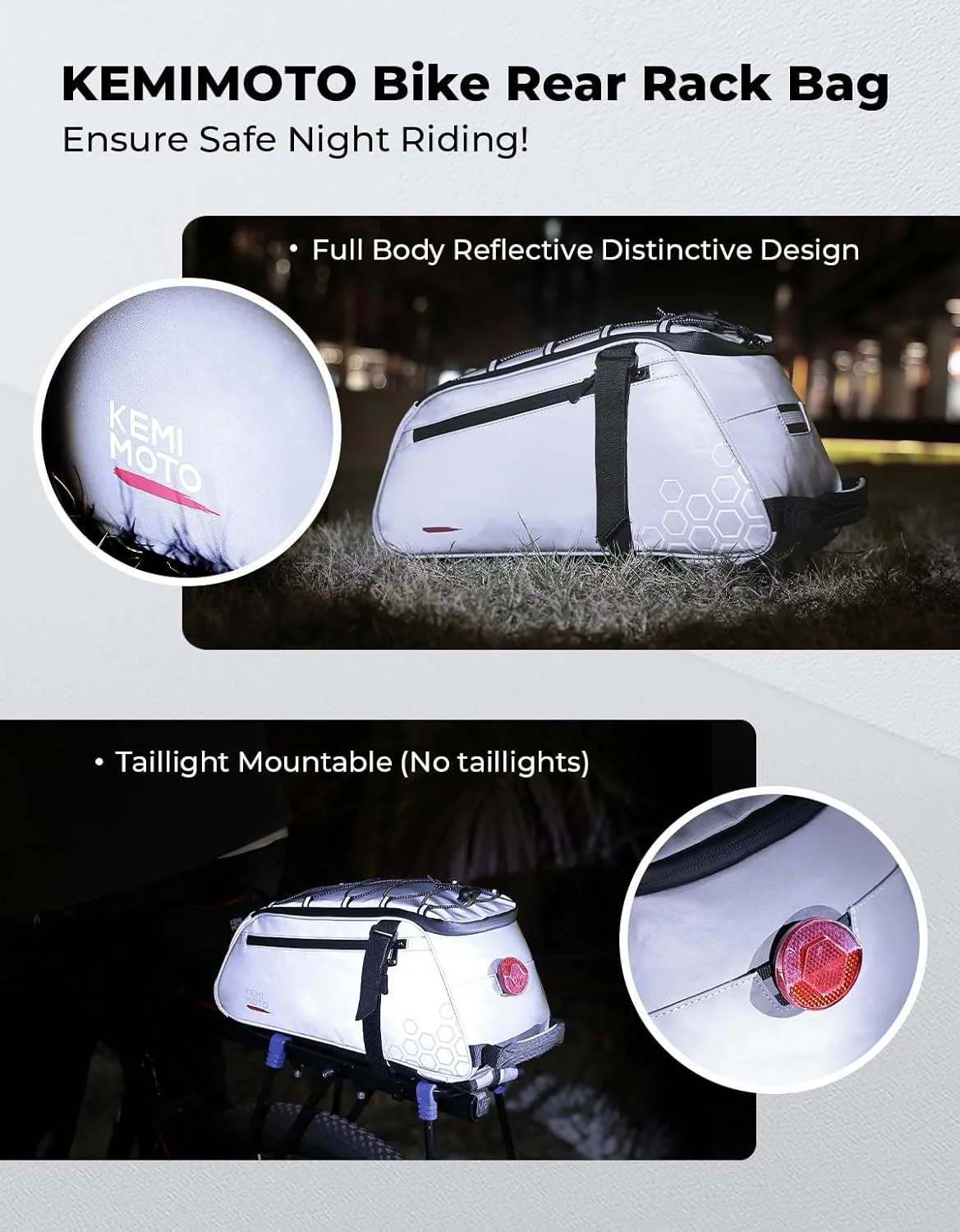 KEMIMOTO 13L Bike Bag for Bicycle Rear Rack, Fully Reflective 3-in-1 Carrying Style Bike Trunk Bag, Water-Resistant E-bike Saddle Pannier Bag with Shoulder Strap for Bike Backpack