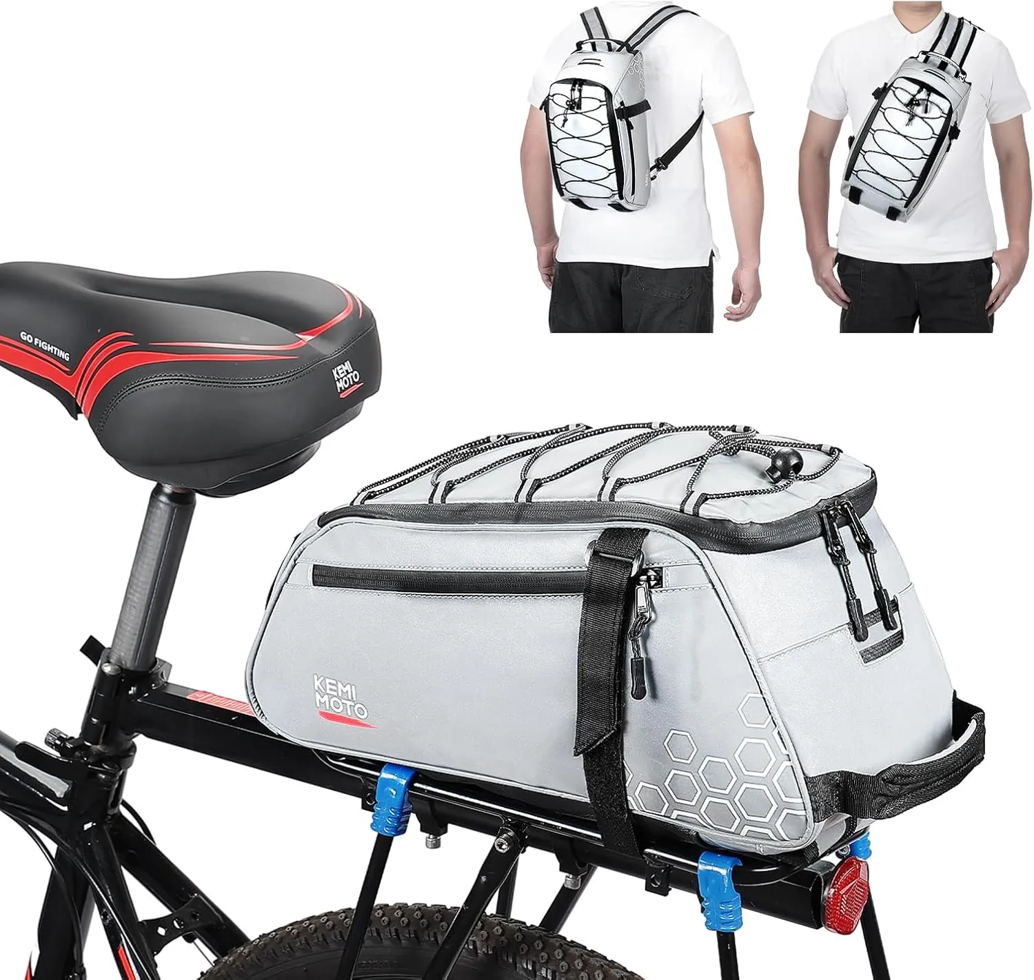 KEMIMOTO 13L Bike Bag for Bicycle Rear Rack, Fully Reflective 3-in-1 Carrying Style Bike Trunk Bag, Water-Resistant E-bike Saddle Pannier Bag with Shoulder Strap for Bike Backpack