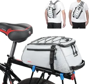 KEMIMOTO 13L Bike Bag for Bicycle Rear Rack, Fully Reflective 3-in-1 Carrying Style Bike Trunk Bag, Water-Resistant E-bike Saddle Pannier Bag with Shoulder Strap for Bike Backpack