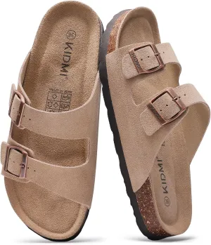 KIDMI Women's Genuine Suede Sandals Cork Footbed Summer Adjustable Slide Sandals