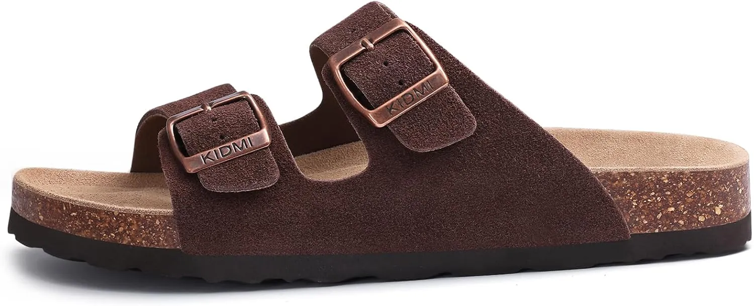 KIDMI Women's Genuine Suede Sandals Cork Footbed Summer Adjustable Slide Sandals