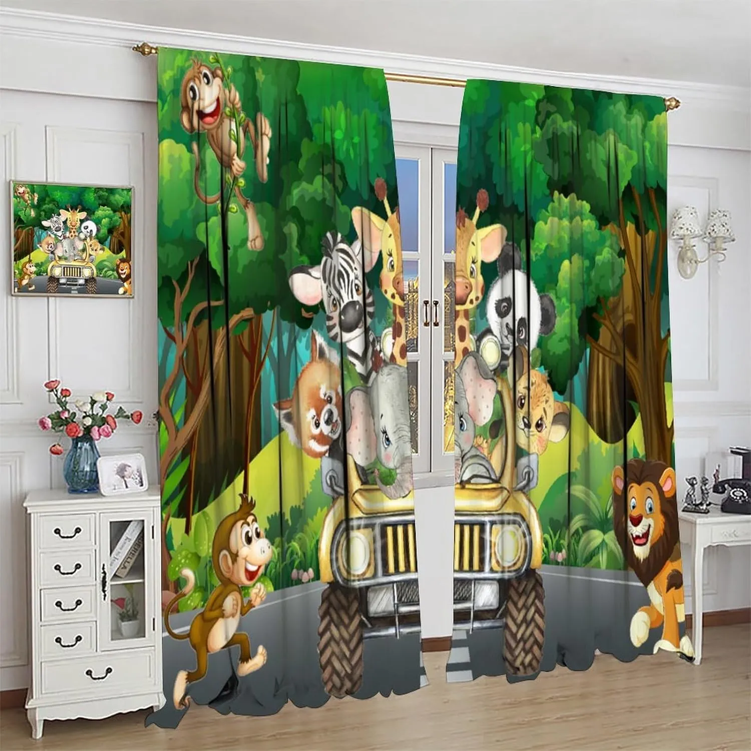Kids Safari Animals Curtains, Tropical Jungle Safari Adventure African Animals Lion Elephant Monkey Print Window Drapes for Baby Boy Nursery Children Bedroom, 42" W X 45" L