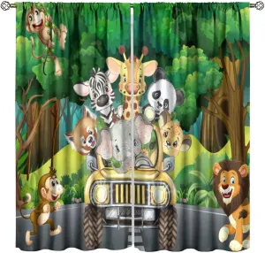 Kids Safari Animals Curtains, Tropical Jungle Safari Adventure African Animals Lion Elephant Monkey Print Window Drapes for Baby Boy Nursery Children Bedroom, 42" W X 45" L