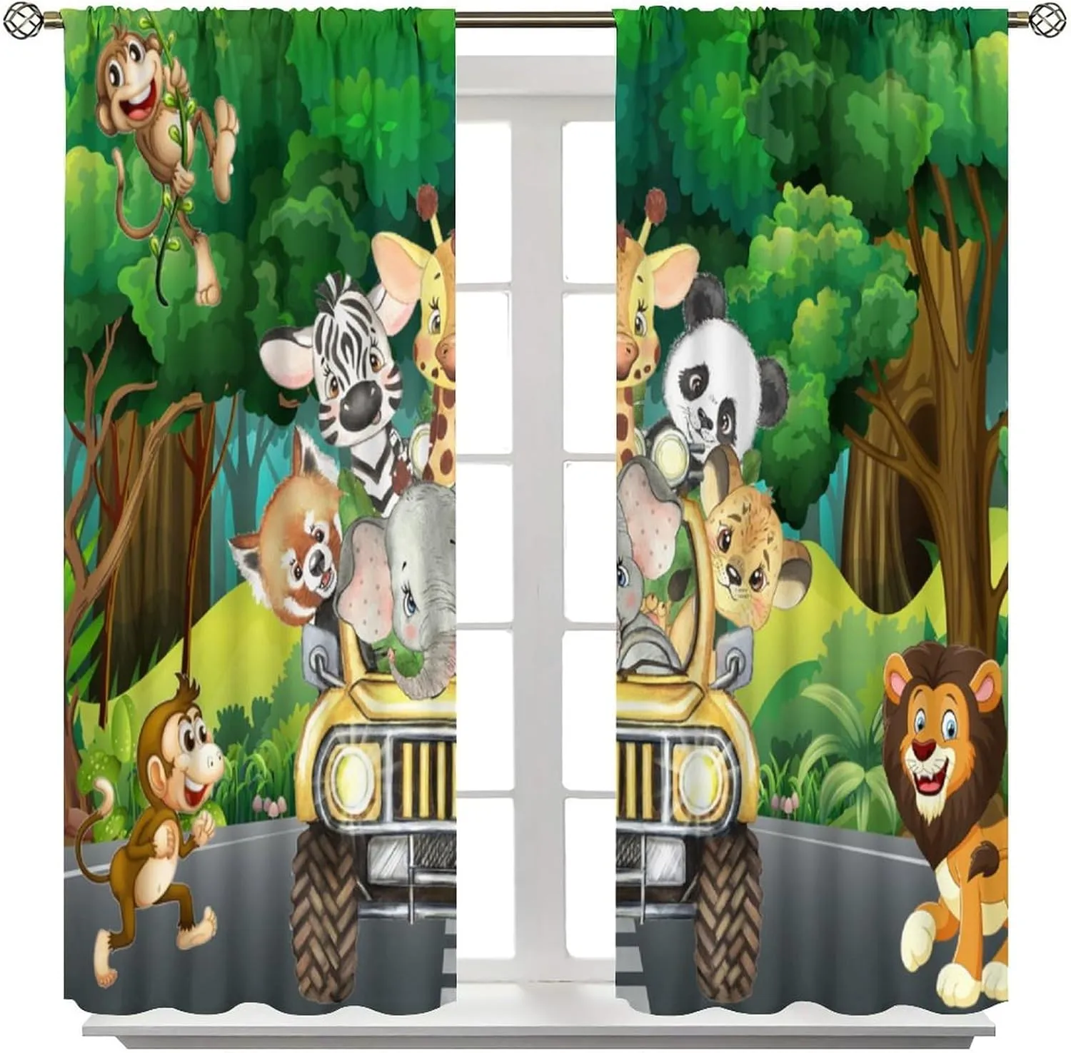 Kids Safari Animals Curtains, Tropical Jungle Safari Adventure African Animals Lion Elephant Monkey Print Window Drapes for Baby Boy Nursery Children Bedroom, 42" W X 45" L