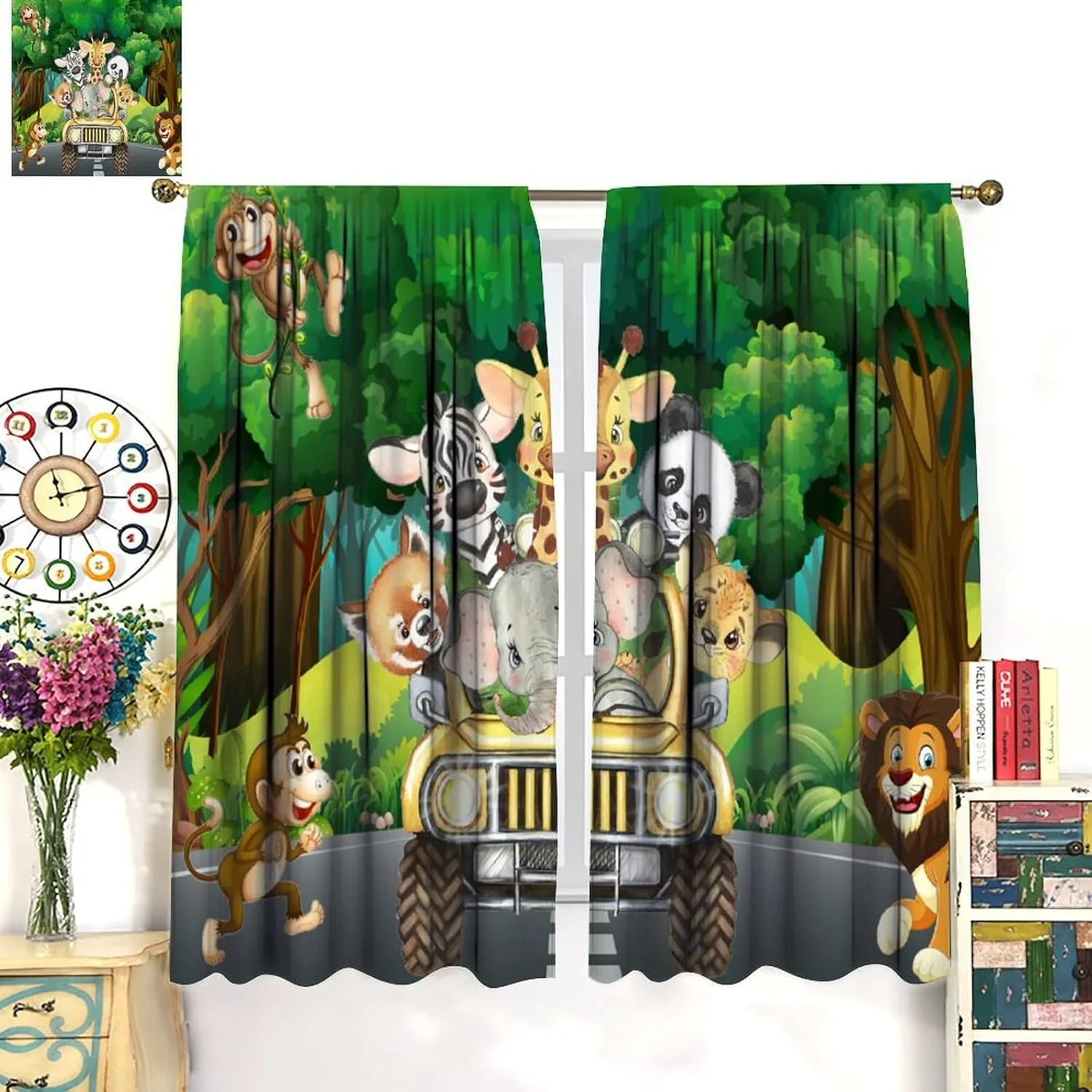 Kids Safari Animals Curtains, Tropical Jungle Safari Adventure African Animals Lion Elephant Monkey Print Window Drapes for Baby Boy Nursery Children Bedroom, 42" W X 45" L