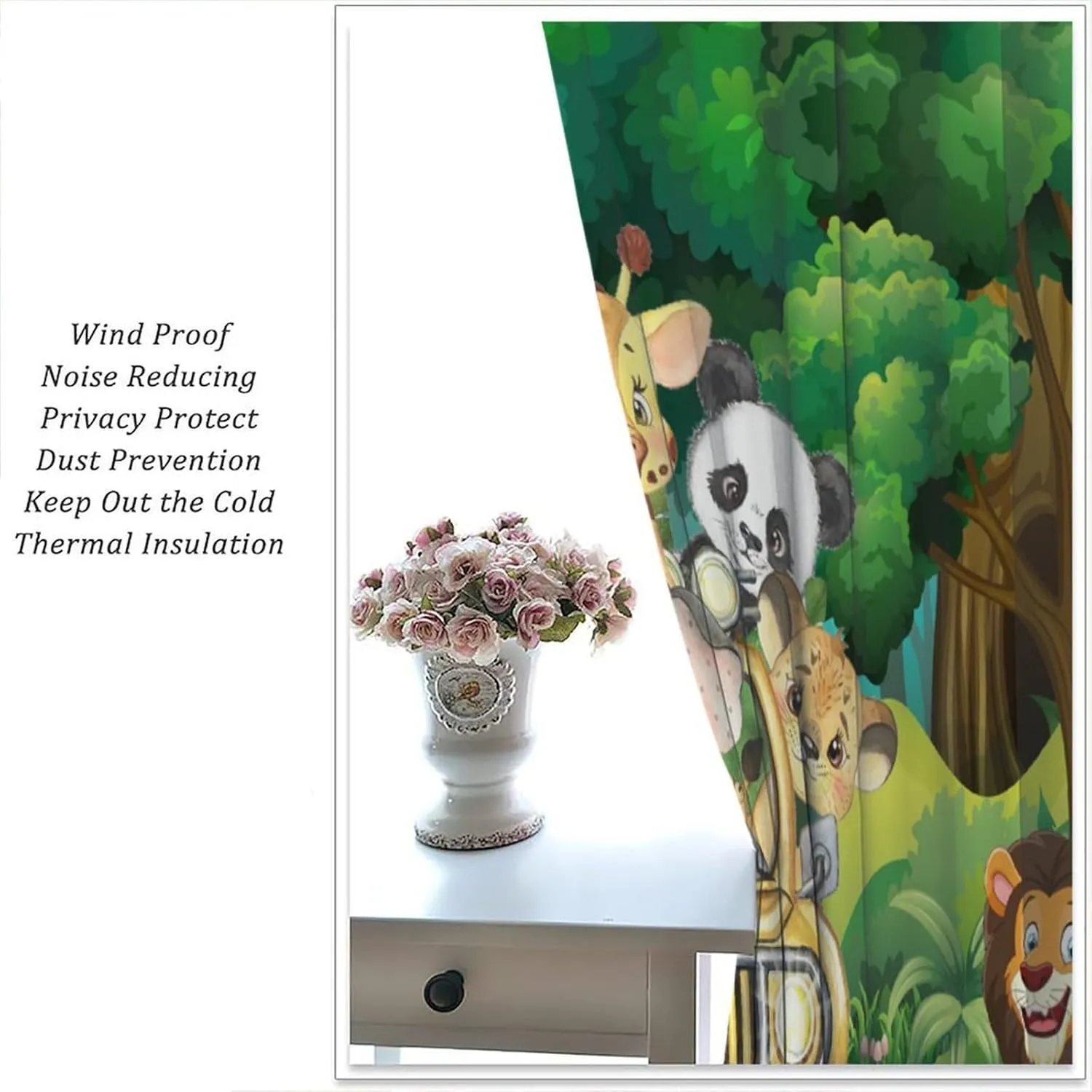 Kids Safari Animals Curtains, Tropical Jungle Safari Adventure African Animals Lion Elephant Monkey Print Window Drapes for Baby Boy Nursery Children Bedroom, 42" W X 45" L