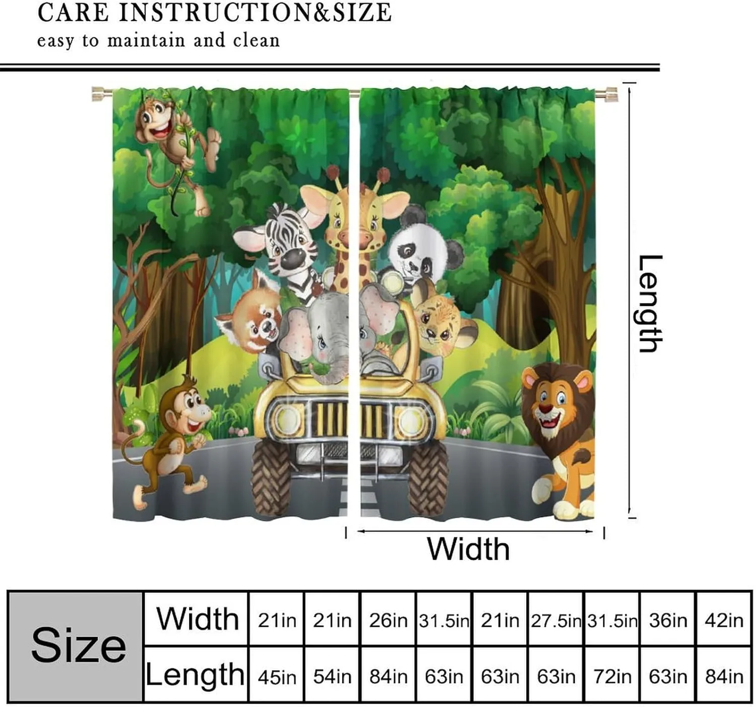 Kids Safari Animals Curtains, Tropical Jungle Safari Adventure African Animals Lion Elephant Monkey Print Window Drapes for Baby Boy Nursery Children Bedroom, 42" W X 45" L