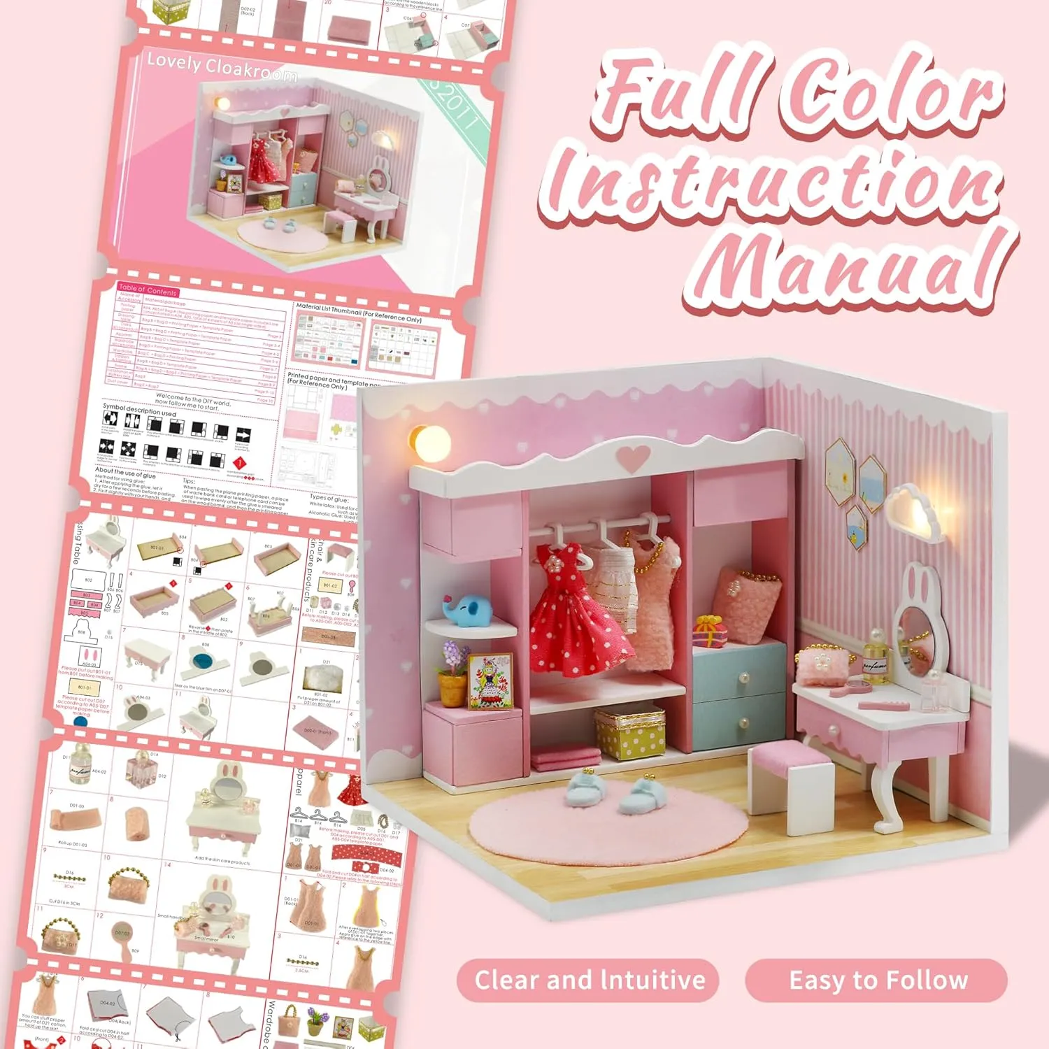 Kisoy Dollhouse Miniature with Furniture Kit, DIY 3D Wooden DIY House Kit A Corner of a Small Apartment Style with Dust Cover & LED,Handmade Tiny House Toys for Kids Adults Gift (Cloak Room)