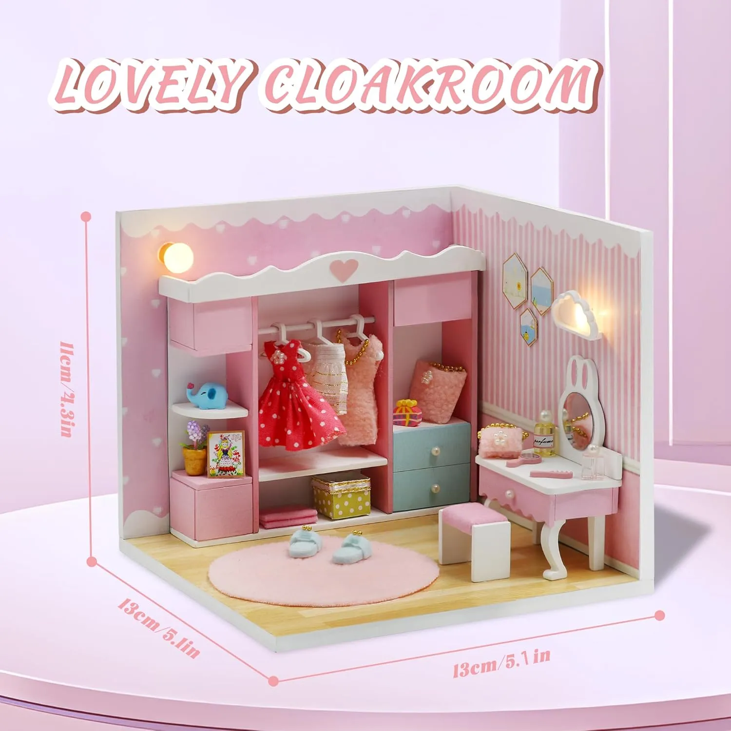 Kisoy Dollhouse Miniature with Furniture Kit, DIY 3D Wooden DIY House Kit A Corner of a Small Apartment Style with Dust Cover & LED,Handmade Tiny House Toys for Kids Adults Gift (Cloak Room)