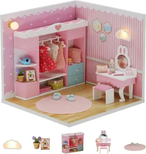 Kisoy Dollhouse Miniature with Furniture Kit, DIY 3D Wooden DIY House Kit A Corner of a Small Apartment Style with Dust Cover & LED,Handmade Tiny House Toys for Kids Adults Gift (Cloak Room)