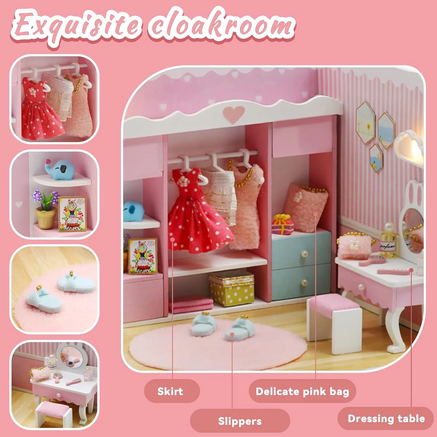 Kisoy Dollhouse Miniature with Furniture Kit, DIY 3D Wooden DIY House Kit A Corner of a Small Apartment Style with Dust Cover & LED,Handmade Tiny House Toys for Kids Adults Gift (Cloak Room)