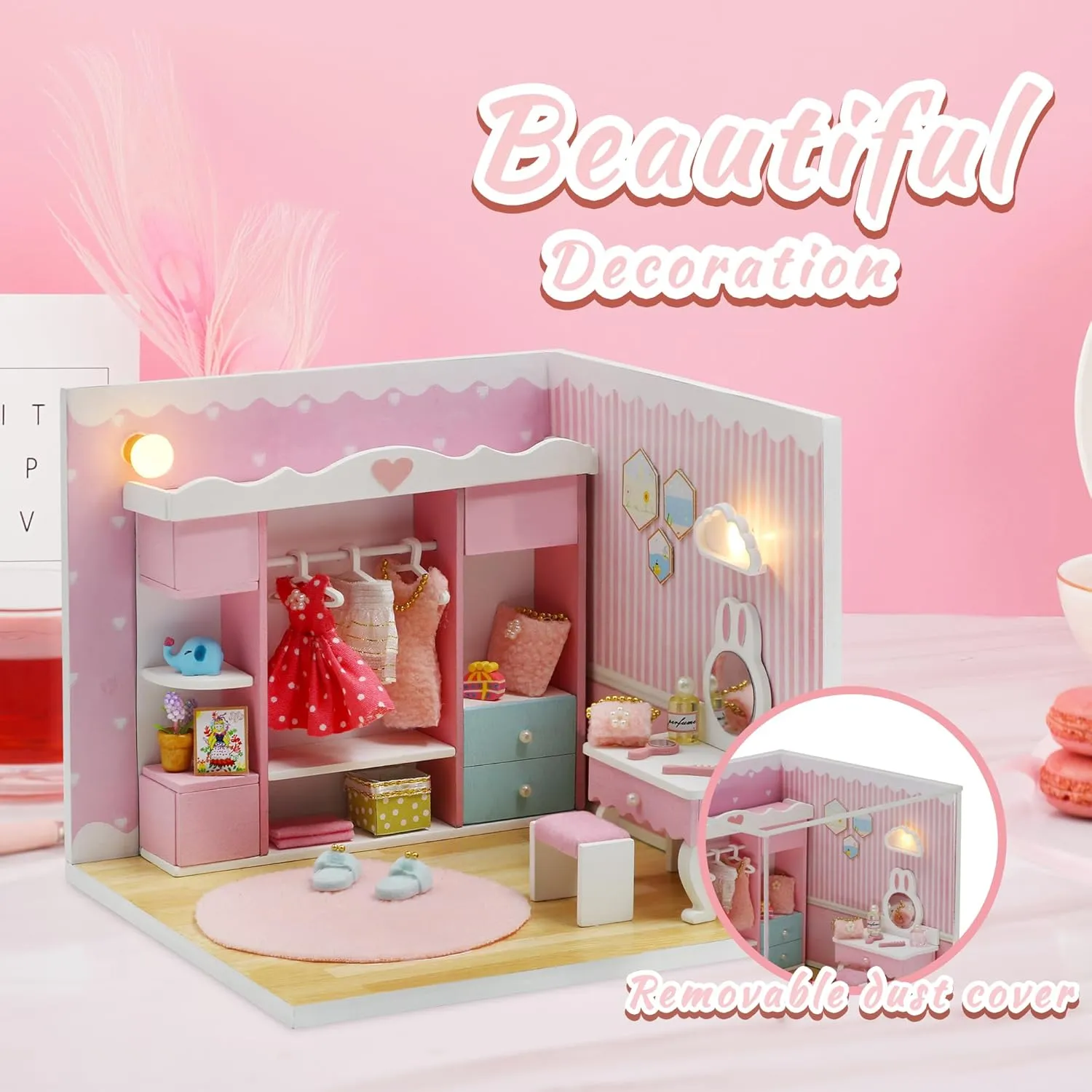 Kisoy Dollhouse Miniature with Furniture Kit, DIY 3D Wooden DIY House Kit A Corner of a Small Apartment Style with Dust Cover & LED,Handmade Tiny House Toys for Kids Adults Gift (Cloak Room)