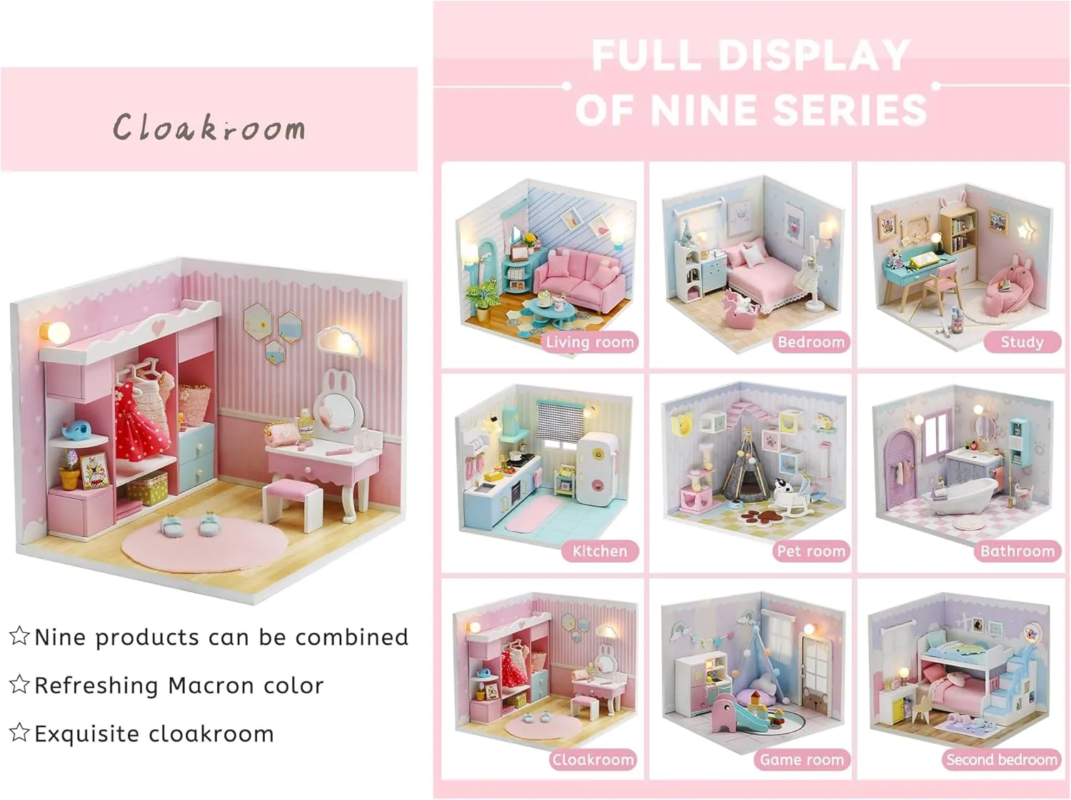 Kisoy Dollhouse Miniature with Furniture Kit, DIY 3D Wooden DIY House Kit A Corner of a Small Apartment Style with Dust Cover & LED,Handmade Tiny House Toys for Kids Adults Gift (Cloak Room)