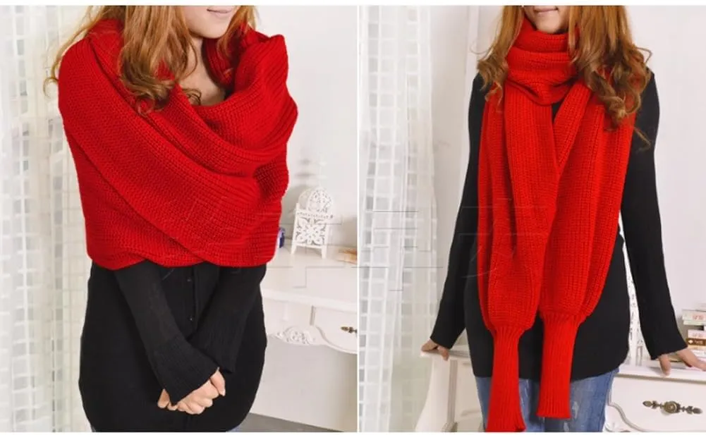Knitted Wrap Scarf Fall Winter Crochet Sweater Scarf with Sleeves Multi-Use Sweater Cape Shawl with Sleeves