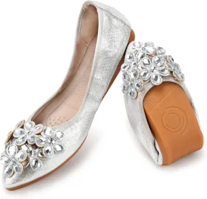 Kosseco Women's Ballet Flats,Pointed Toe Collapsible Rhinestones Shiny Rhinestone Comfort Slip-On Flats