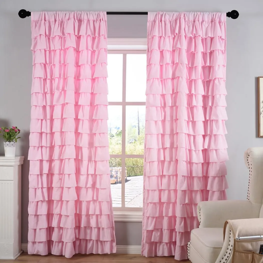 Kotile Pink Ruffle Curtain 80 Inches Long for Girls Bedroom 1 Panel Country Rustic Farmhouse Boho Ruffled Curtain, Rod Pocket Light Filtering Privacy Shabby Chic Coquette Window Drape, 52 x 80 Inch