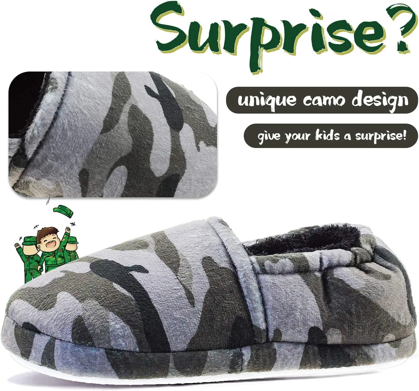 LA PLAGE Boys House Slippers with Cozy Memory Foam Slip On Camo House Shoes, Breathable Indoor Outdoor Warm Winter Home Slippers for Little Big Kids