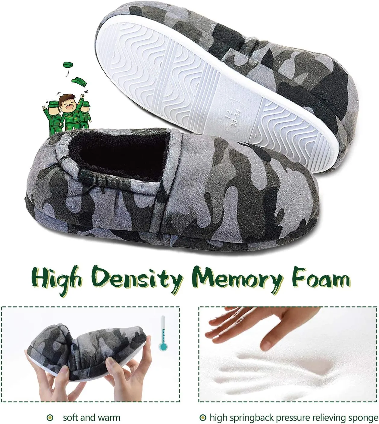 LA PLAGE Boys House Slippers with Cozy Memory Foam Slip On Camo House Shoes, Breathable Indoor Outdoor Warm Winter Home Slippers for Little Big Kids