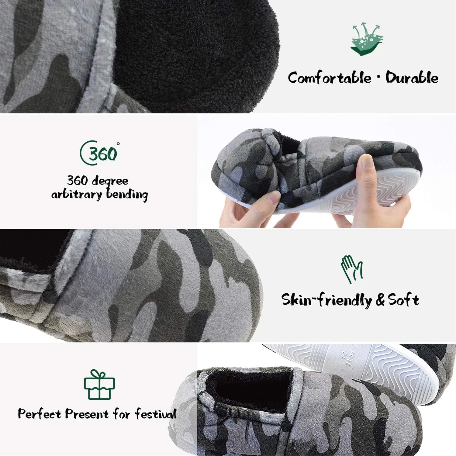 LA PLAGE Boys House Slippers with Cozy Memory Foam Slip On Camo House Shoes, Breathable Indoor Outdoor Warm Winter Home Slippers for Little Big Kids