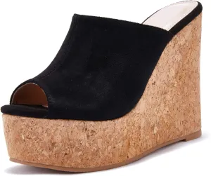 LAICIGO Womens Wedge Platform Slide on Sandals Open Toe Cork Faux Suede Dress Summer Slippers Shoes