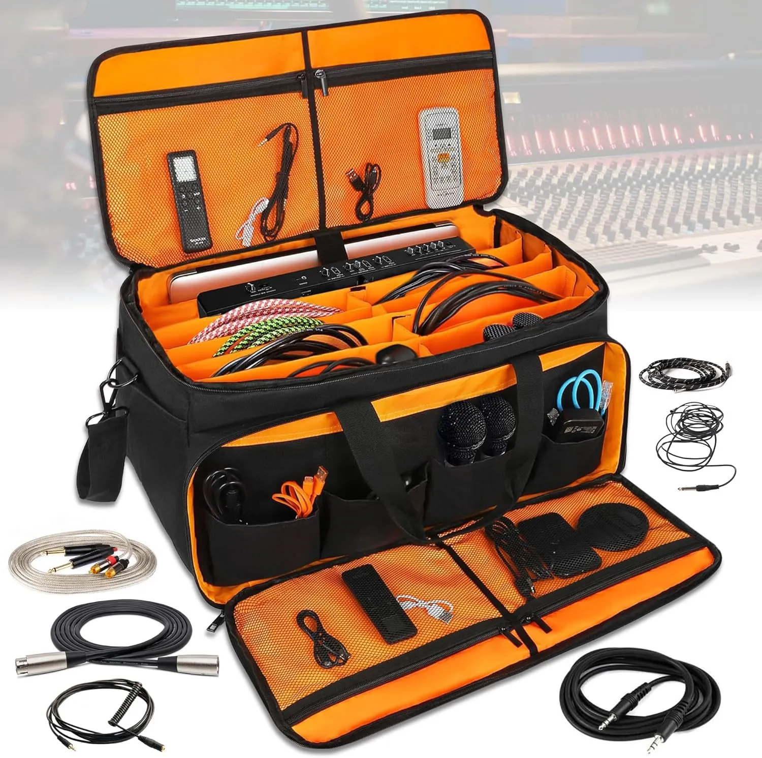 Large DJ Cable File Bag for Musicians Heavy Duty - Padded 17" Laptop Sleeve, Durable Gig Bag DJ Bag with Dividers for Gear Audio Lighting Camera Wires Mics Cords Pedals