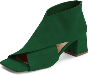 LEHOOR Women Chunky Heel Open Toe Booties Suede Side Cut-Out Ankle Boots Square Peep Toe 2 Inch Block Mid Heels Dress Heeled Sandal Booties Back Zipper Summer Casual Size 4-11 M US