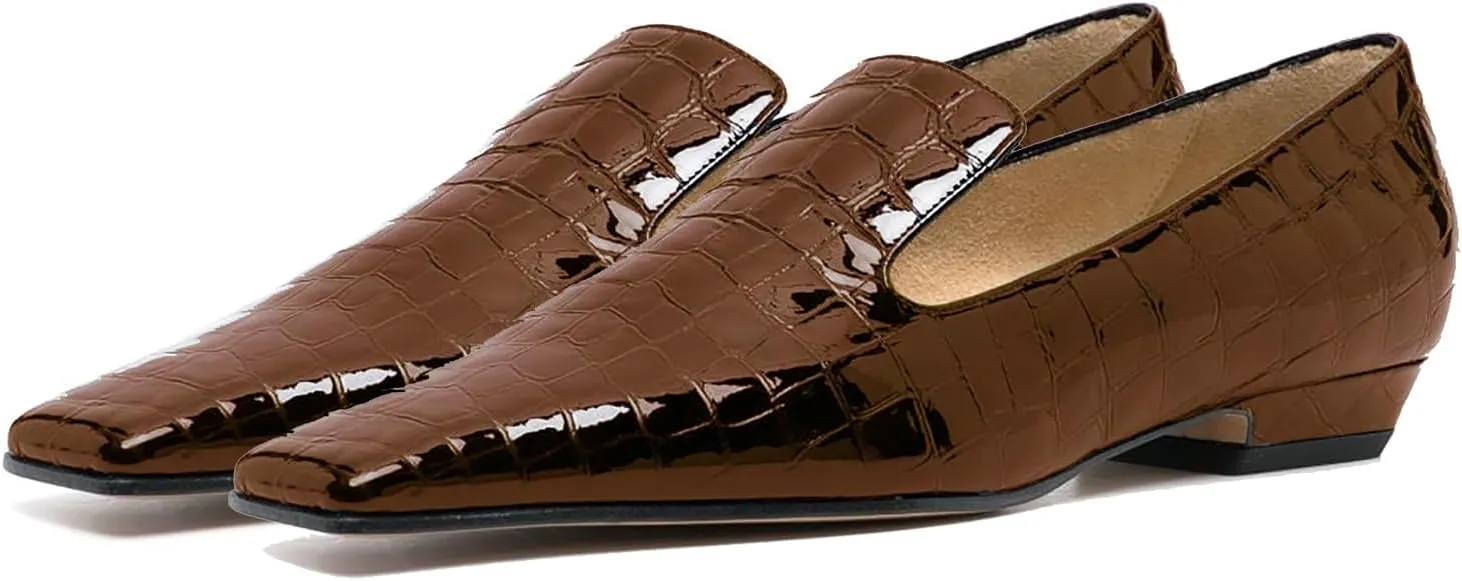 LEHOOR Women Patent Loafers Flats Square Toe Crocodile Dress Shoes Slip On 1 inch Flat Heel Loafer Shoes Crocodile Animal Print Fashion Office Work Loafers Formal Business Casual 4-11 M US