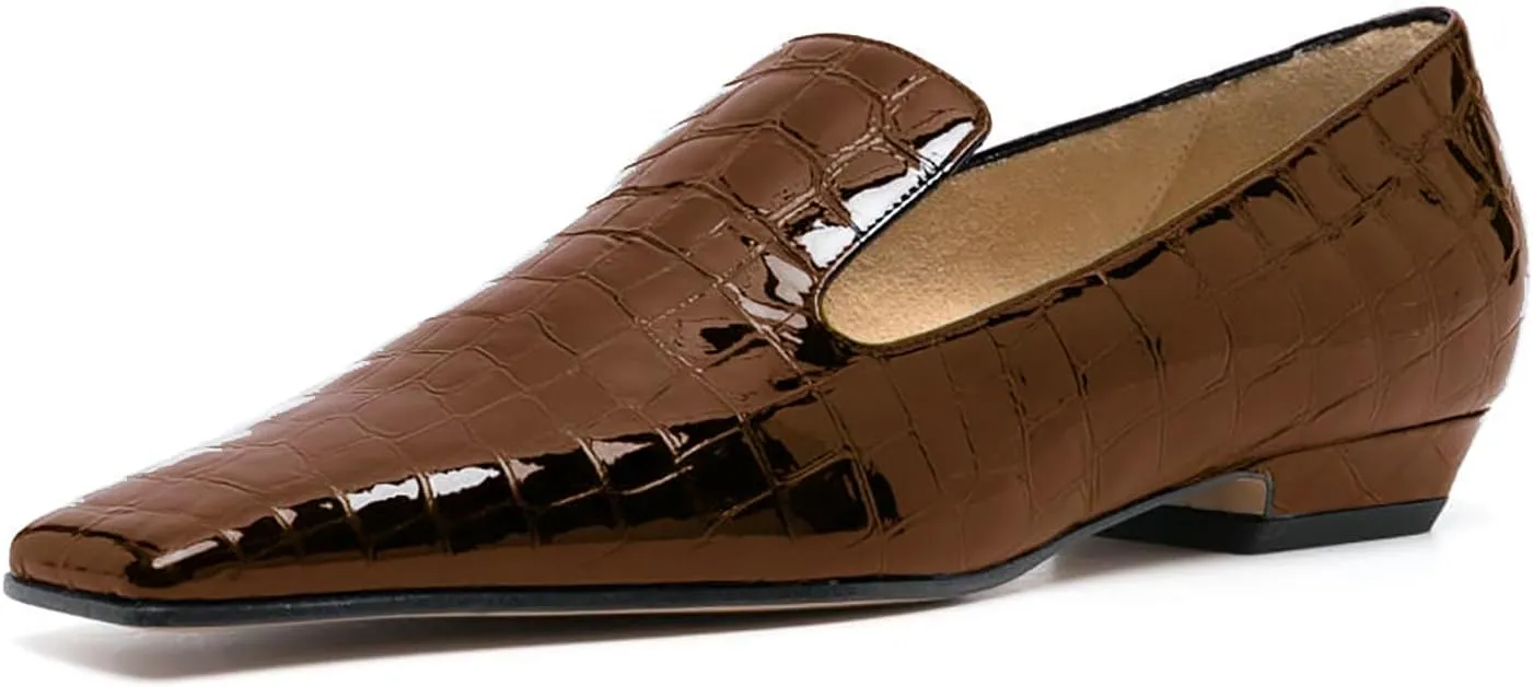 LEHOOR Women Patent Loafers Flats Square Toe Crocodile Dress Shoes Slip On 1 inch Flat Heel Loafer Shoes Crocodile Animal Print Fashion Office Work Loafers Formal Business Casual 4-11 M US