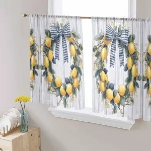 Lemon Leaves Garland Sheer Curtains 54 Inch Length 2 Panels Set for Living Room/Bedroom, Farmhouse Checkered Bow Grey Wooden Semi Curtain Sheers Drapes Rod Pocket Curtains Window Treatment 52''x54''x2