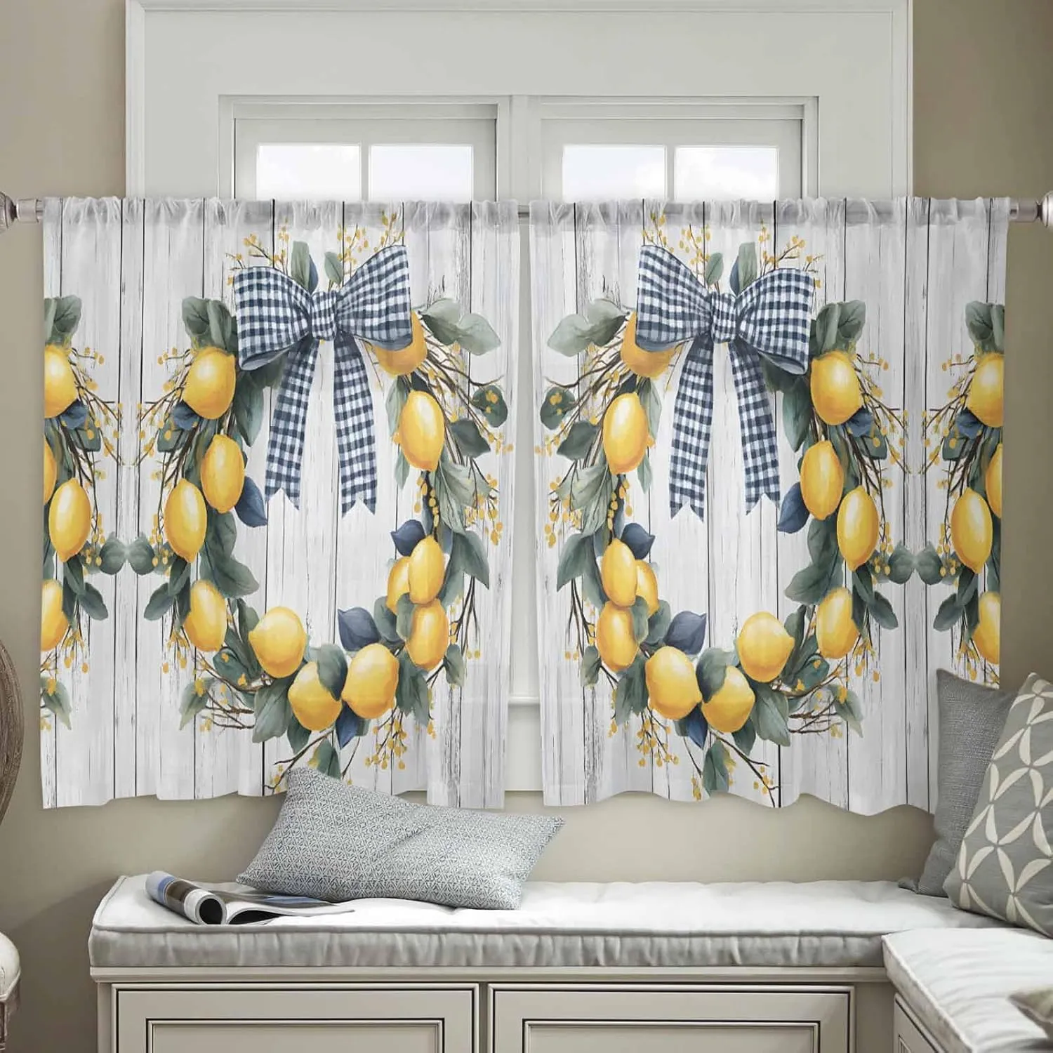 Lemon Leaves Garland Sheer Curtains 54 Inch Length 2 Panels Set for Living Room/Bedroom, Farmhouse Checkered Bow Grey Wooden Semi Curtain Sheers Drapes Rod Pocket Curtains Window Treatment 52''x54''x2
