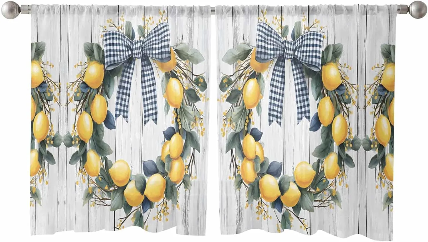 Lemon Leaves Garland Sheer Curtains 54 Inch Length 2 Panels Set for Living Room/Bedroom, Farmhouse Checkered Bow Grey Wooden Semi Curtain Sheers Drapes Rod Pocket Curtains Window Treatment 52''x54''x2