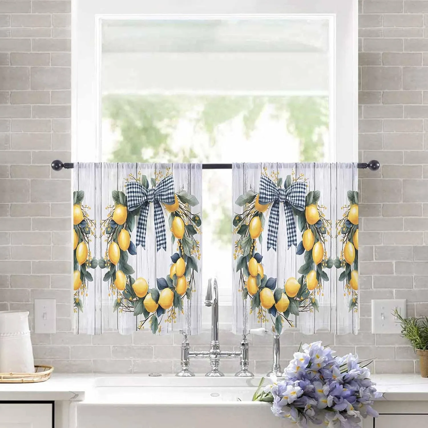 Lemon Leaves Garland Sheer Curtains 54 Inch Length 2 Panels Set for Living Room/Bedroom, Farmhouse Checkered Bow Grey Wooden Semi Curtain Sheers Drapes Rod Pocket Curtains Window Treatment 52''x54''x2