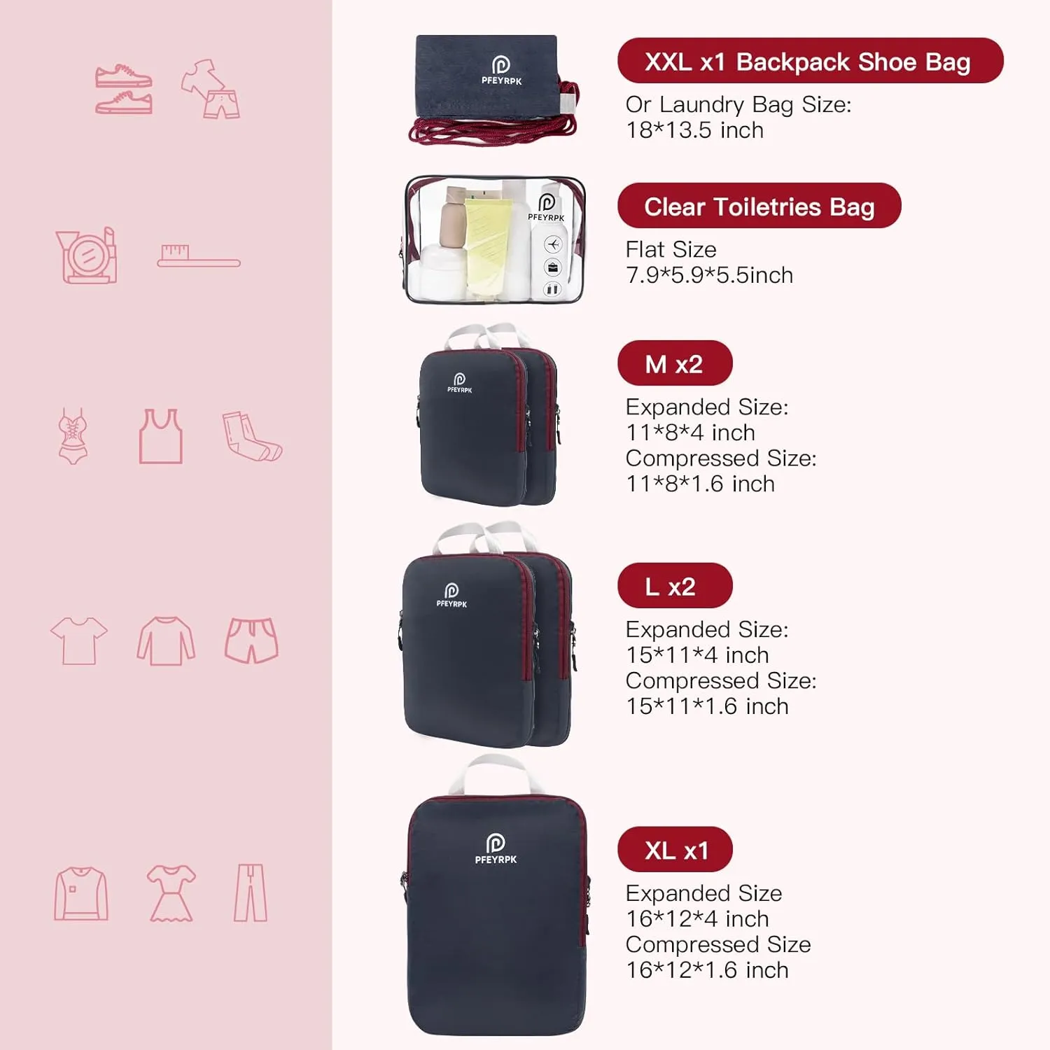 Lightweight Compression Packing Cubes for Suitcases, Compressible Expandable Travel Packing Organizer with Clear Toiletries and Backpack Bag, Travel Essentials for Carry on Luggage 7 Set
