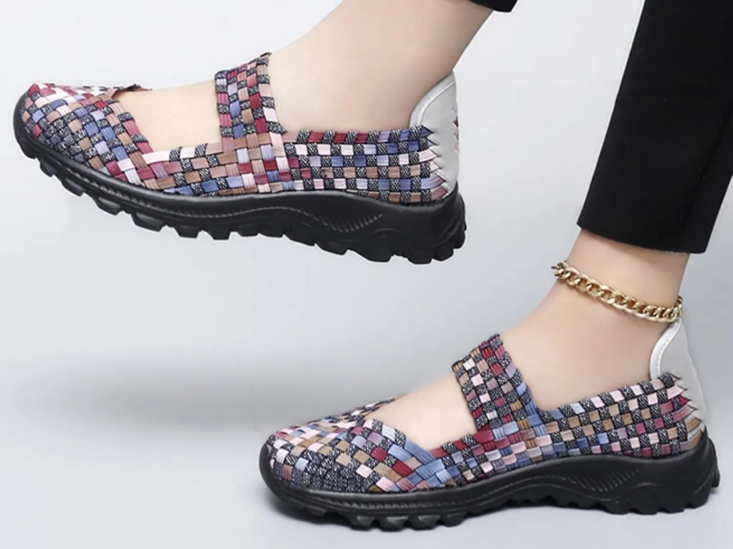 LLTMALL Women's Woven Mary Jane Flats - Stretch Elastic Slip-On Loafers | Breathable Comfort Sneakers for Walking & Casual Wear