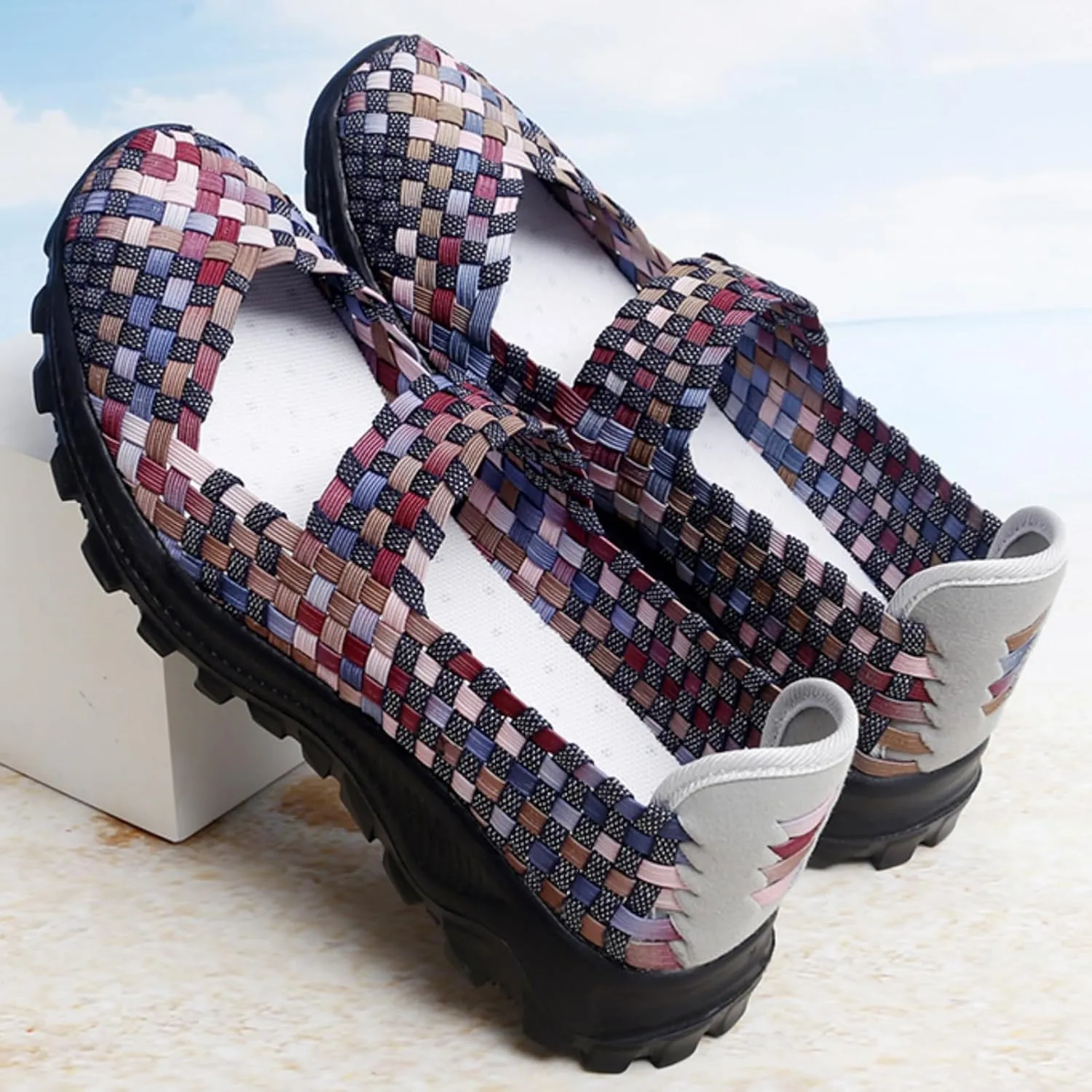 LLTMALL Women's Woven Mary Jane Flats - Stretch Elastic Slip-On Loafers | Breathable Comfort Sneakers for Walking & Casual Wear