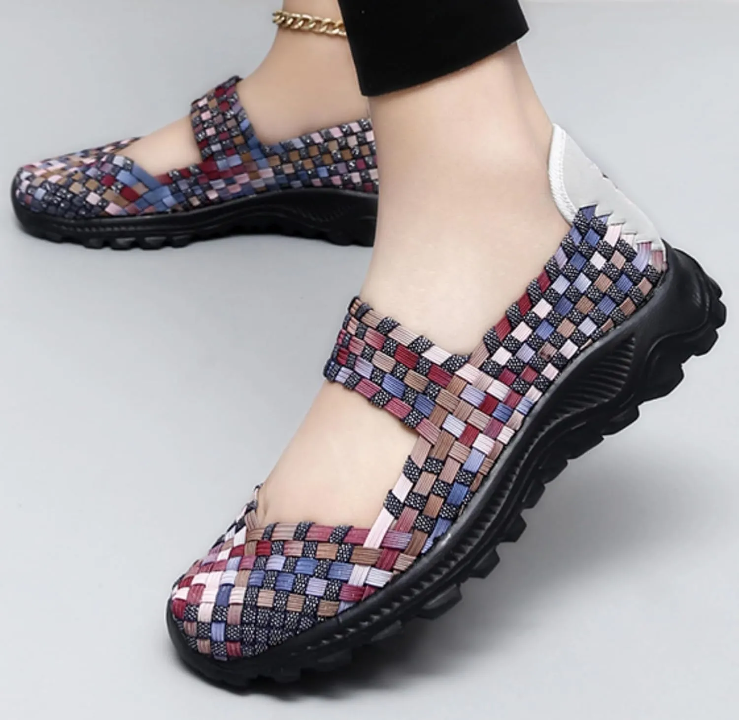 LLTMALL Women's Woven Mary Jane Flats - Stretch Elastic Slip-On Loafers | Breathable Comfort Sneakers for Walking & Casual Wear