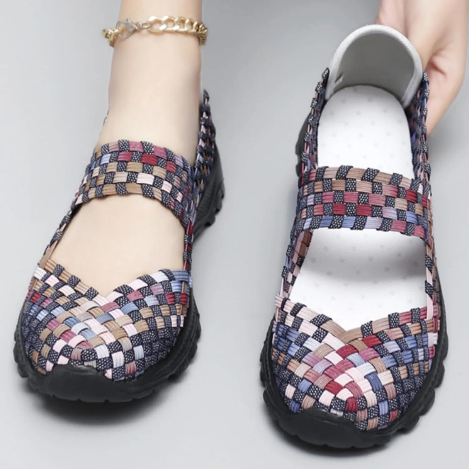 LLTMALL Women's Woven Mary Jane Flats - Stretch Elastic Slip-On Loafers | Breathable Comfort Sneakers for Walking & Casual Wear