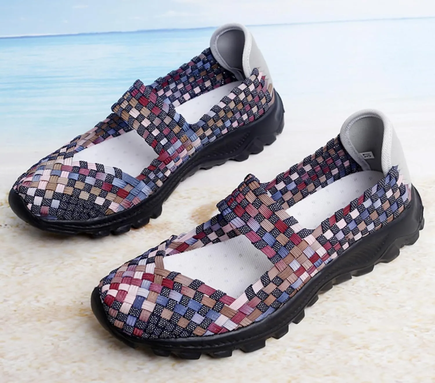 LLTMALL Women's Woven Mary Jane Flats - Stretch Elastic Slip-On Loafers | Breathable Comfort Sneakers for Walking & Casual Wear