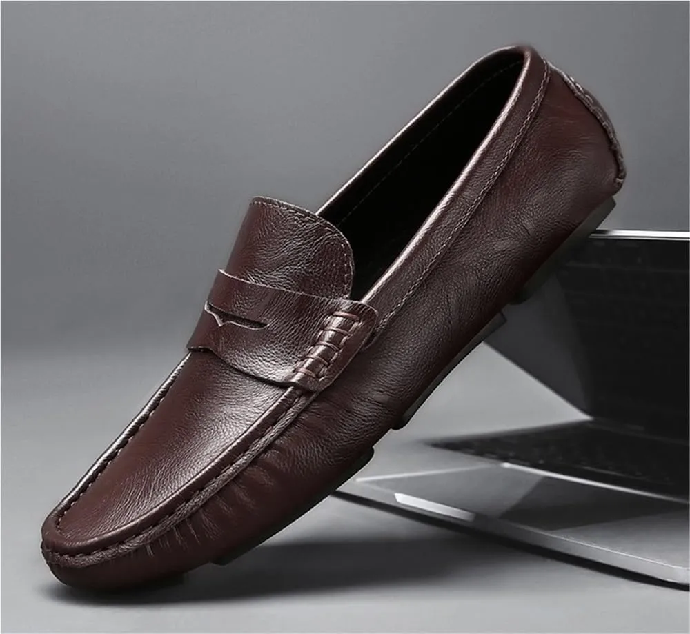 Loafers for Men Genuine Leather Stitching Detailed Round Toe Comfortable Resistant Flat Heel Casual Wedding Slip-On Boat Shoes