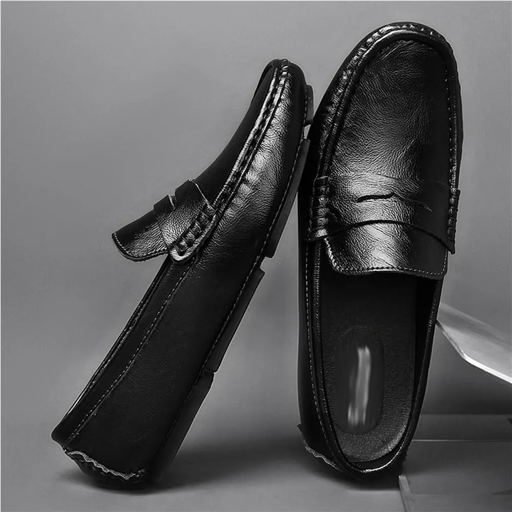 Loafers for Men Genuine Leather Stitching Detailed Round Toe Comfortable Resistant Flat Heel Casual Wedding Slip-On Boat Shoes