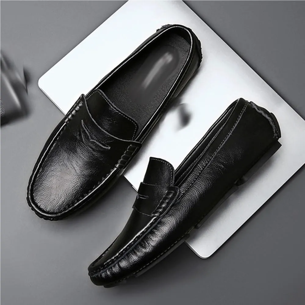 Loafers for Men Genuine Leather Stitching Detailed Round Toe Comfortable Resistant Flat Heel Casual Wedding Slip-On Boat Shoes