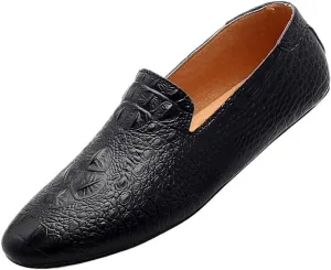 Loafers Shoes for Men Genuine Leather Pointed Toe Faux Crocodile Grain Rubber Sole Slip Resistant Lightweight Comfortable Prom Slip-ons